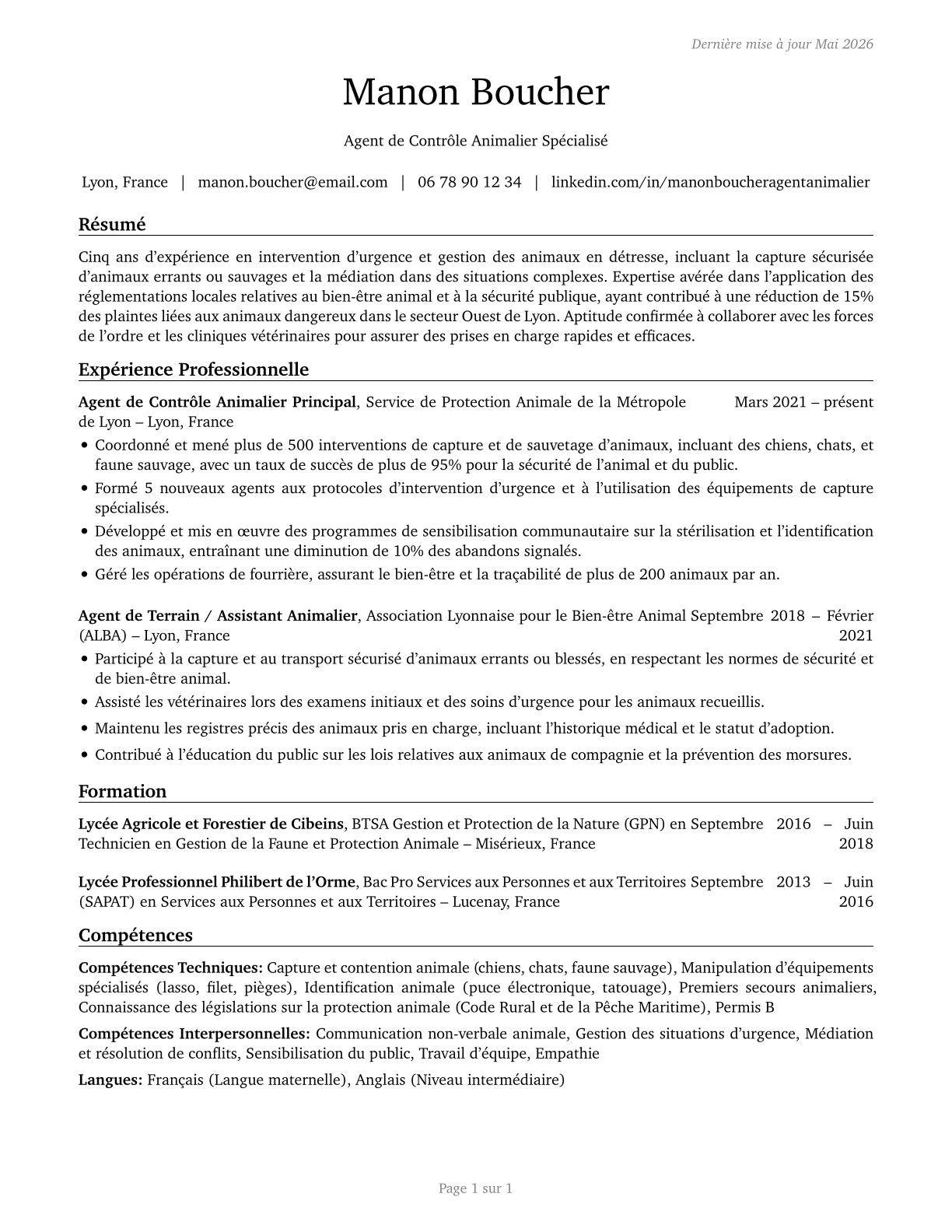 Animal Control Workers CV in French — page 1