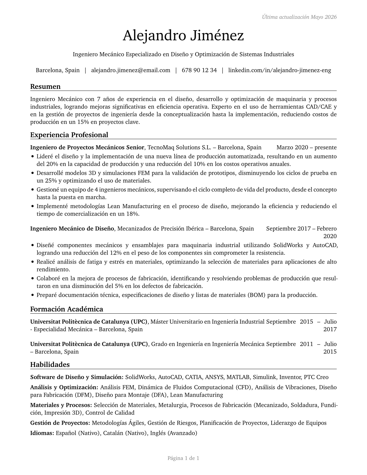 Mechanical Engineers CV in Spanish — page 1