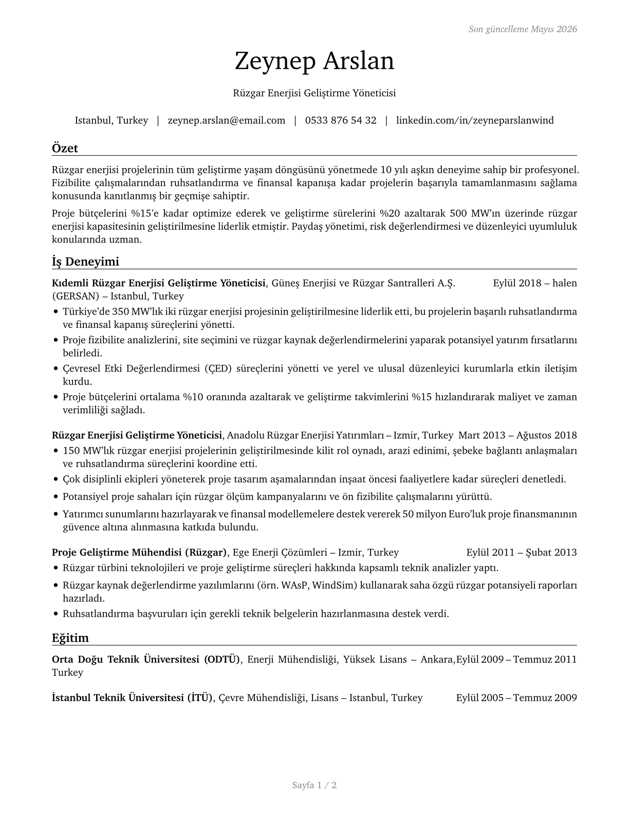 Wind Energy Development Managers CV in Turkish — page 1