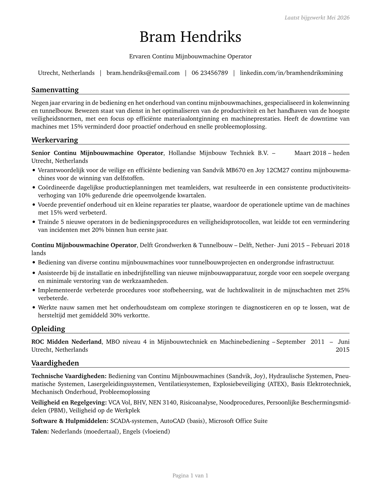 Continuous Mining Machine Operators CV in Dutch — page 1