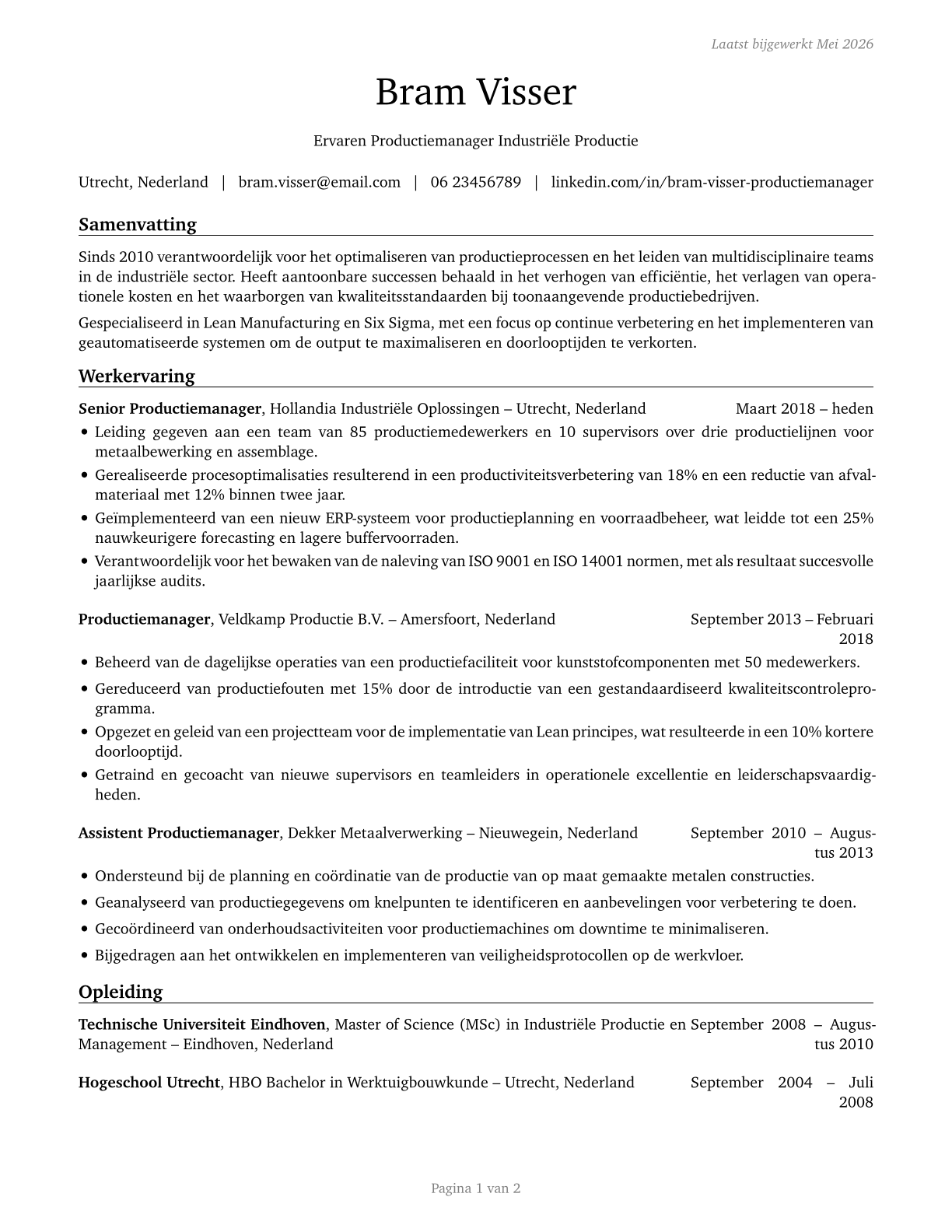 Industrial Production Managers CV in Dutch — page 1