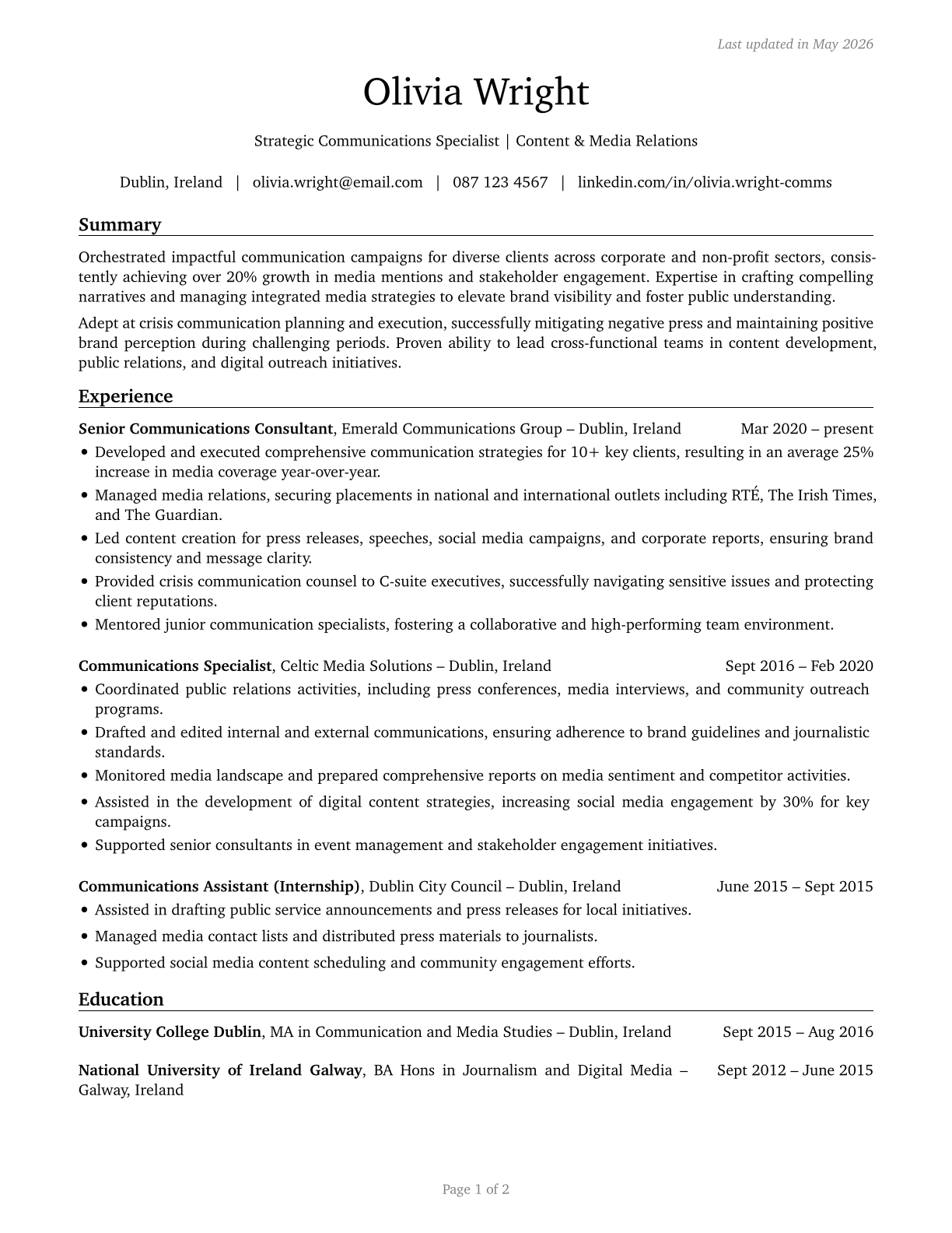 Media and Communication Workers, All Other CV in English — page 1