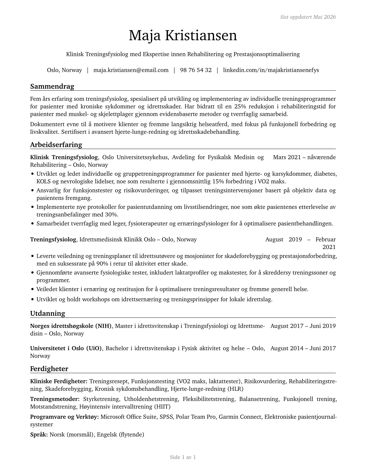 Exercise Physiologists CV in Norwegian_bokmal — page 1