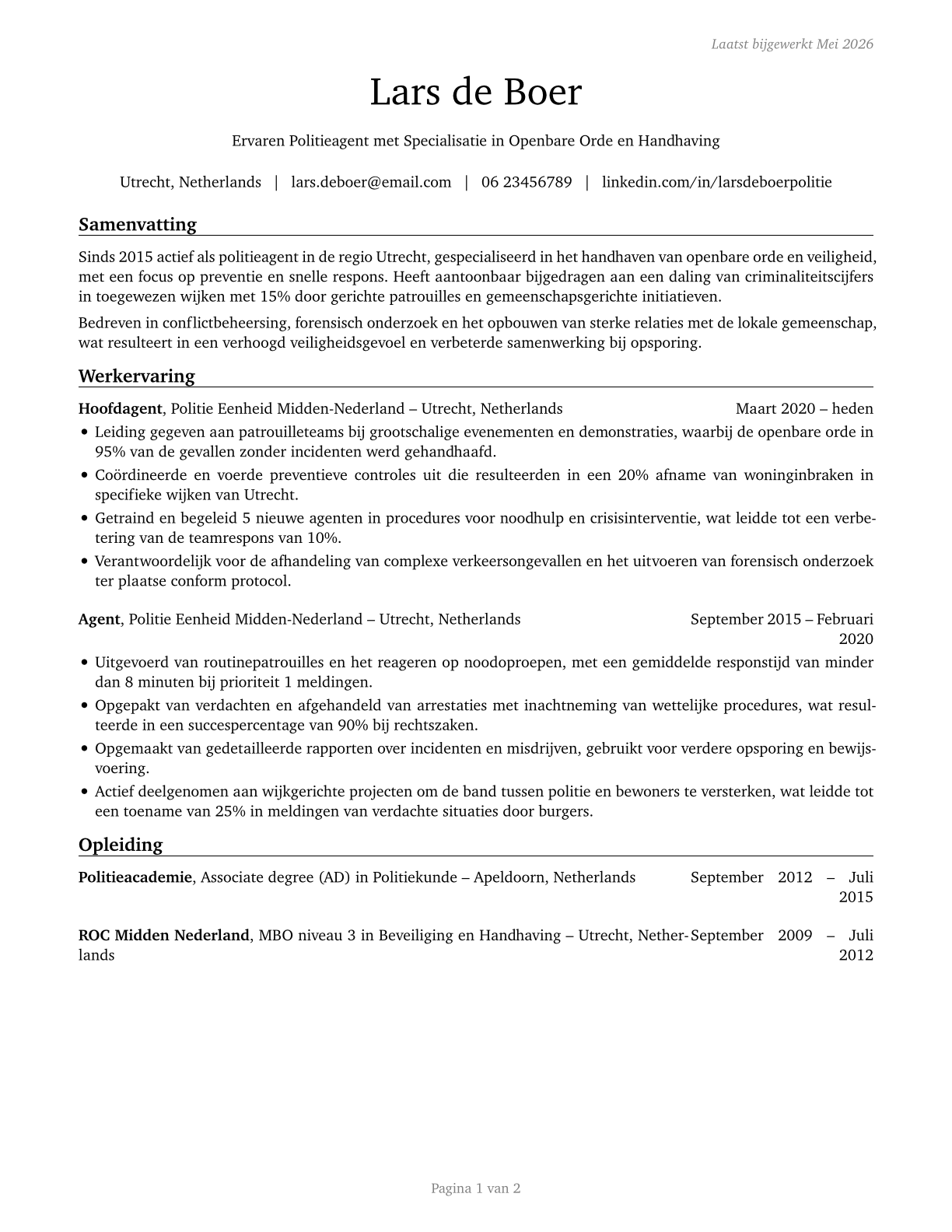 Police and Sheriff's Patrol Officers CV in Dutch — page 1