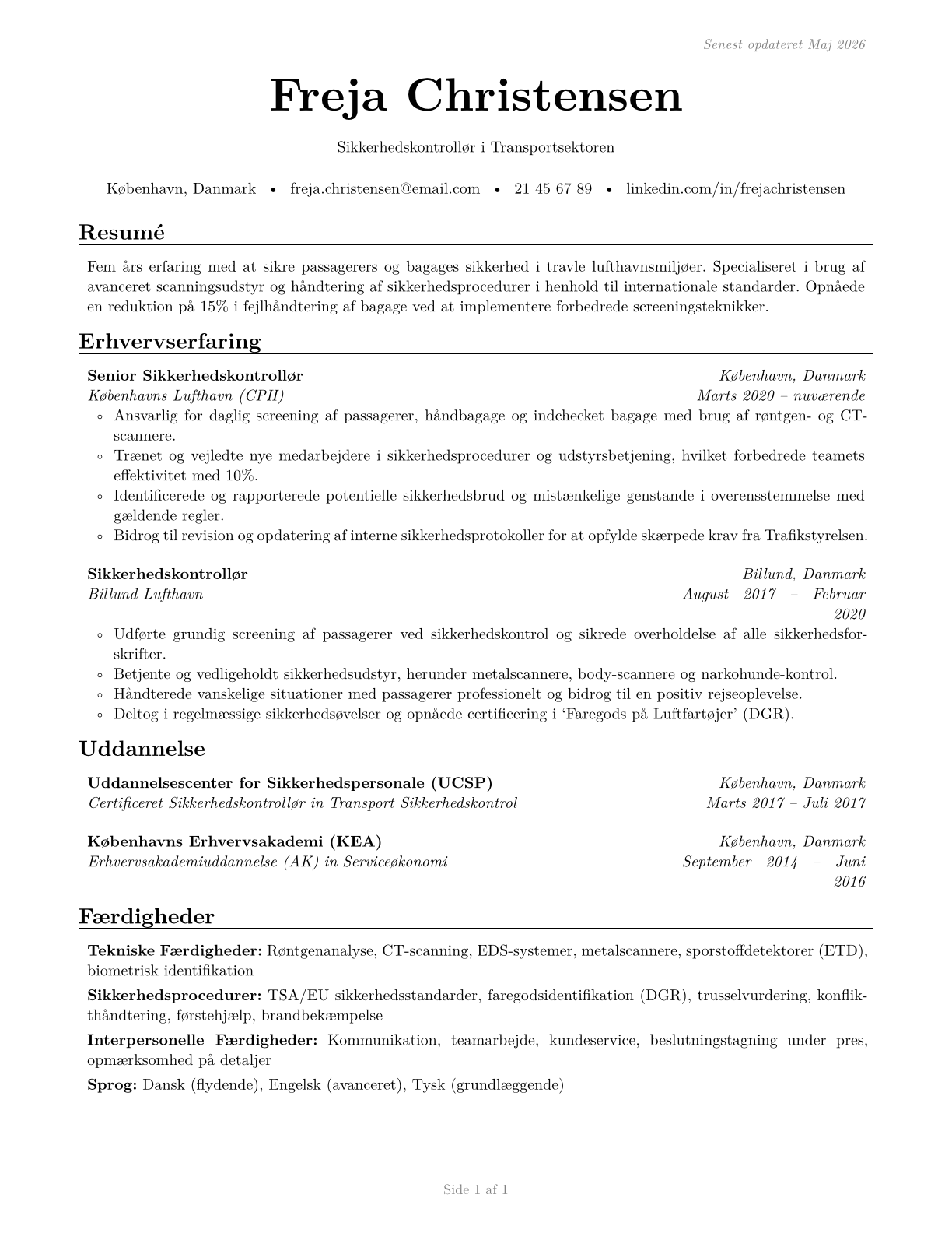 Transportation Security Screeners CV in Danish — page 1