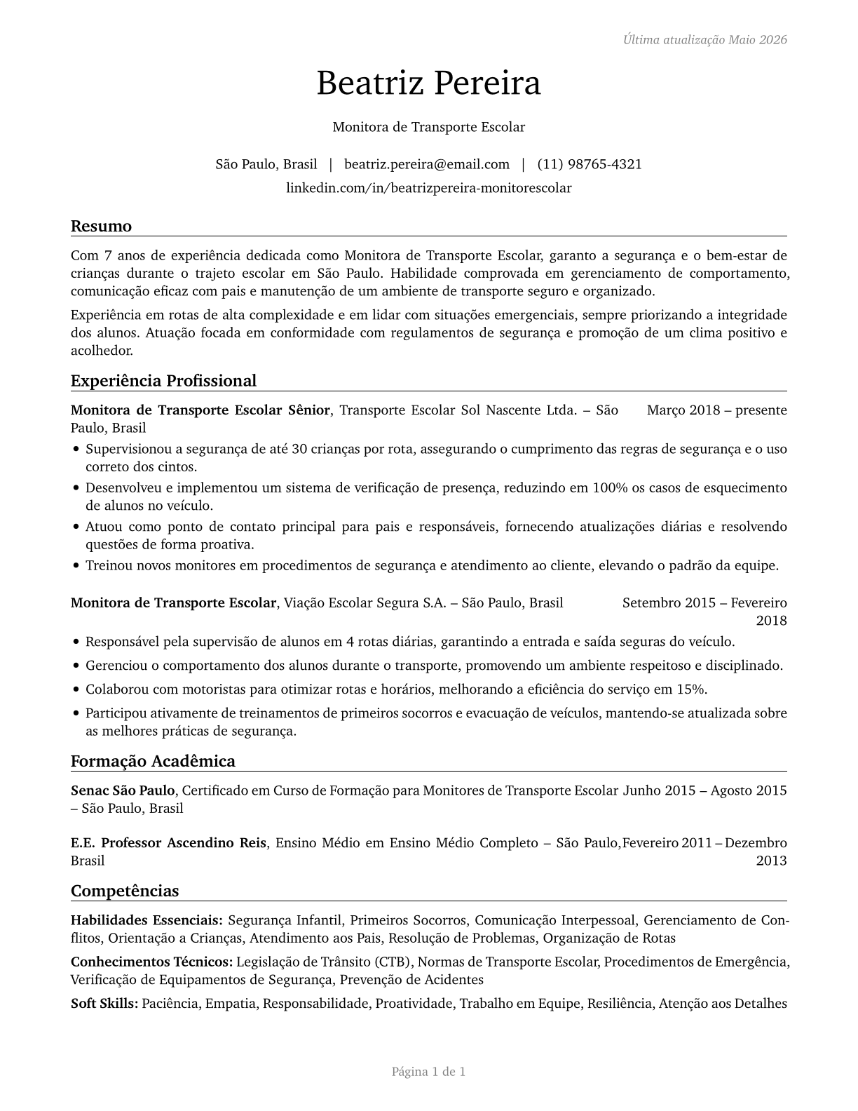 School Bus Monitors CV in Portuguese — page 1