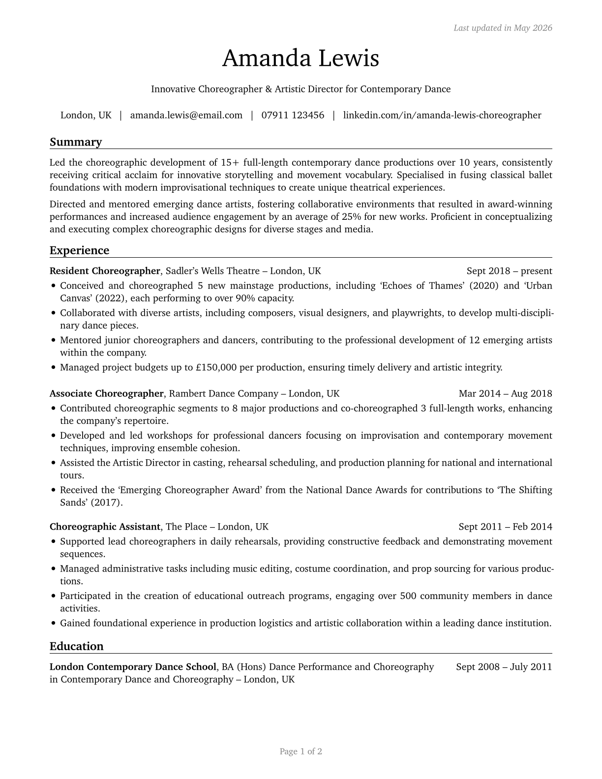 Choreographers CV in English — page 1