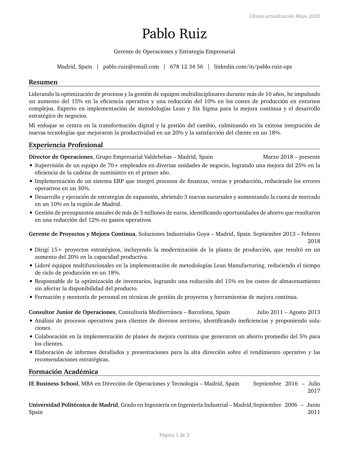 General and Operations Managers CV in Spanish — page 1