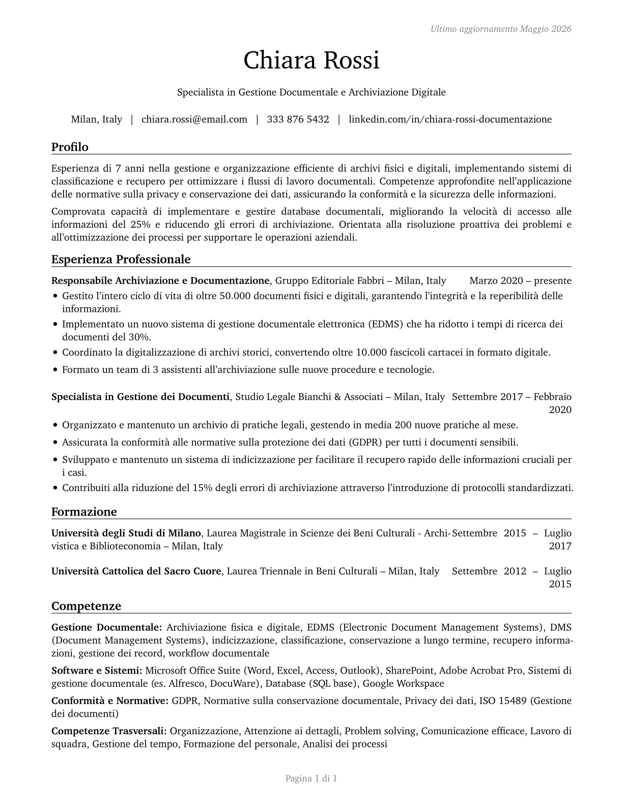 Information and Record Clerks, All Other CV in Italian — page 1