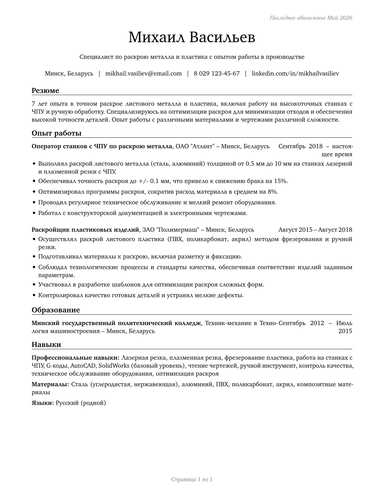 Layout Workers, Metal and Plastic CV in Russian — page 1