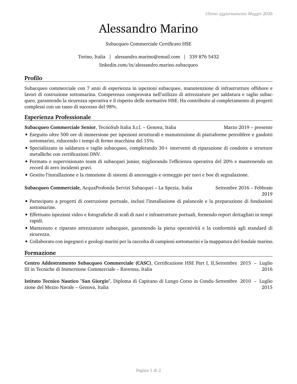Commercial Divers CV in Italian — page 1