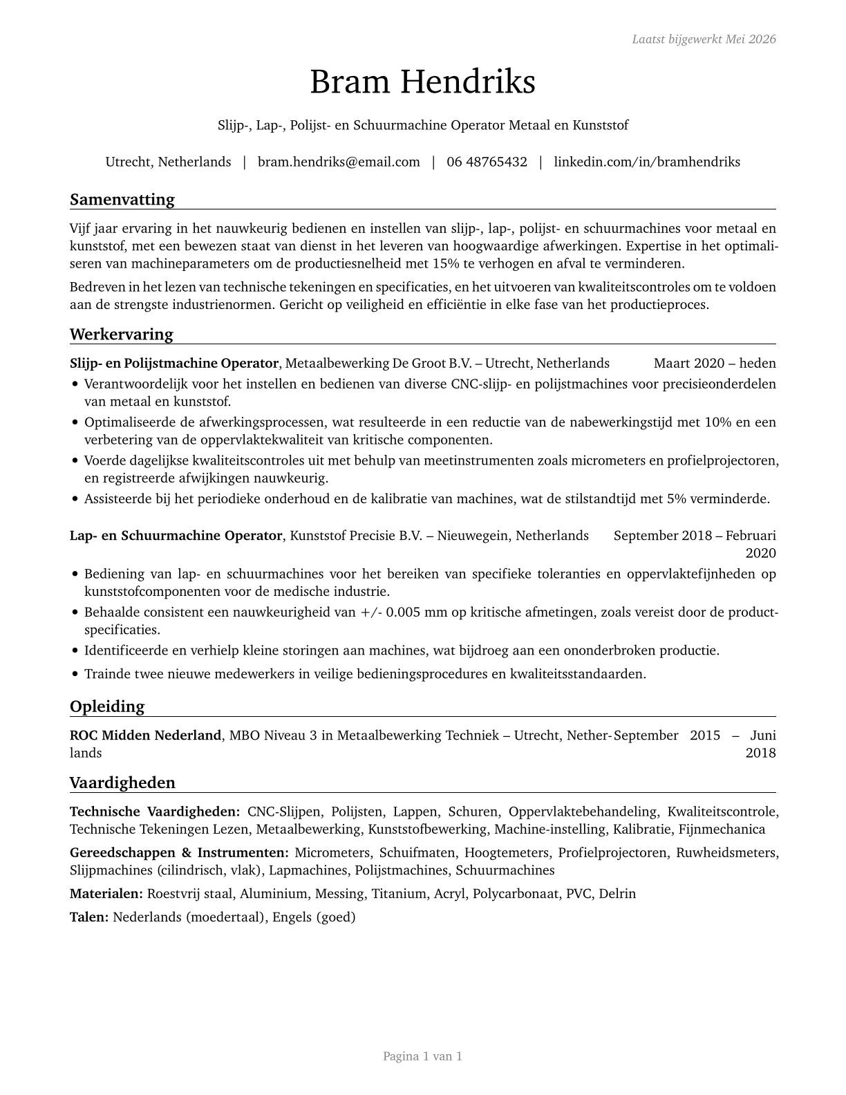 Grinding, Lapping, Polishing, and Buffing Machine Tool Setters, Operators, and Tenders, Metal and Plastic CV in Dutch — page 1