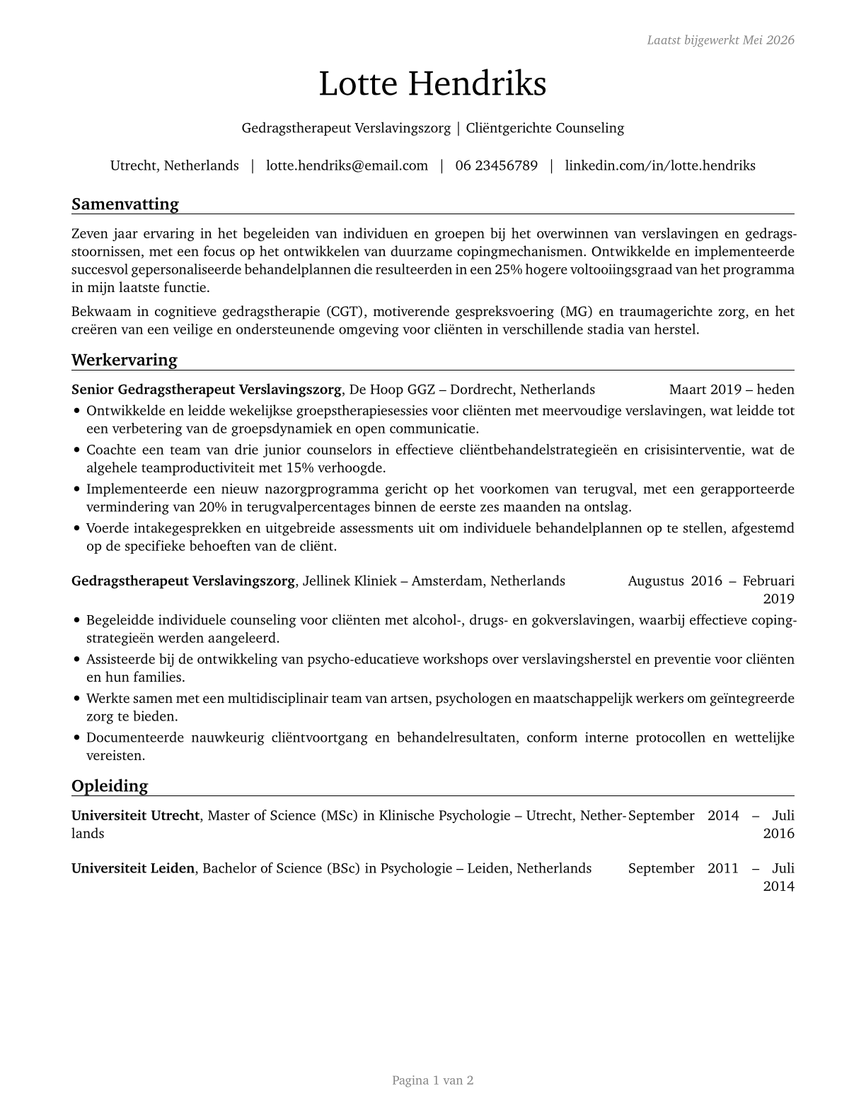 Substance Abuse and Behavioral Disorder Counselors CV in Dutch — page 1