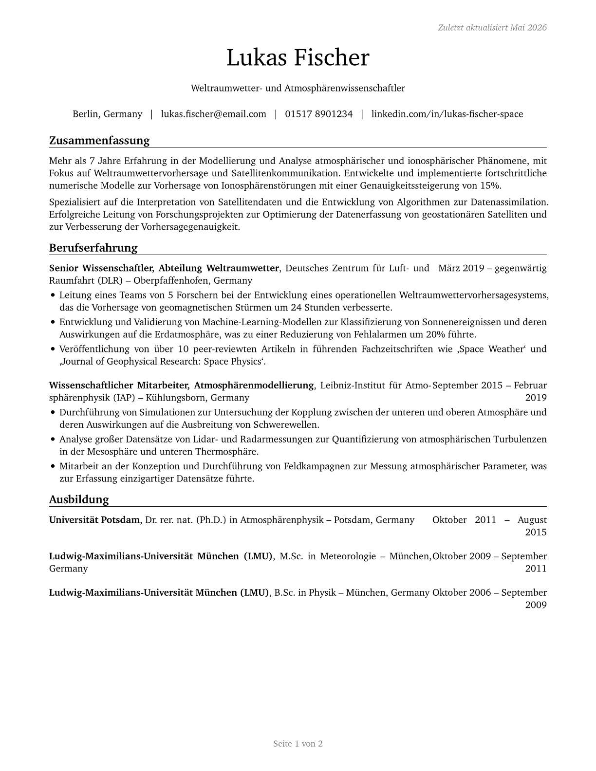 Atmospheric and Space Scientists CV in German — page 1