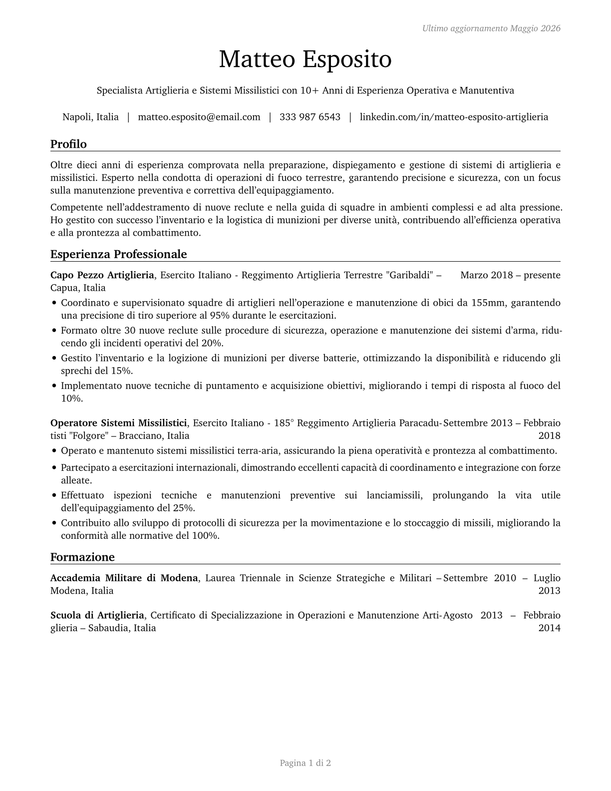Artillery and Missile Crew Members CV in Italian — page 1