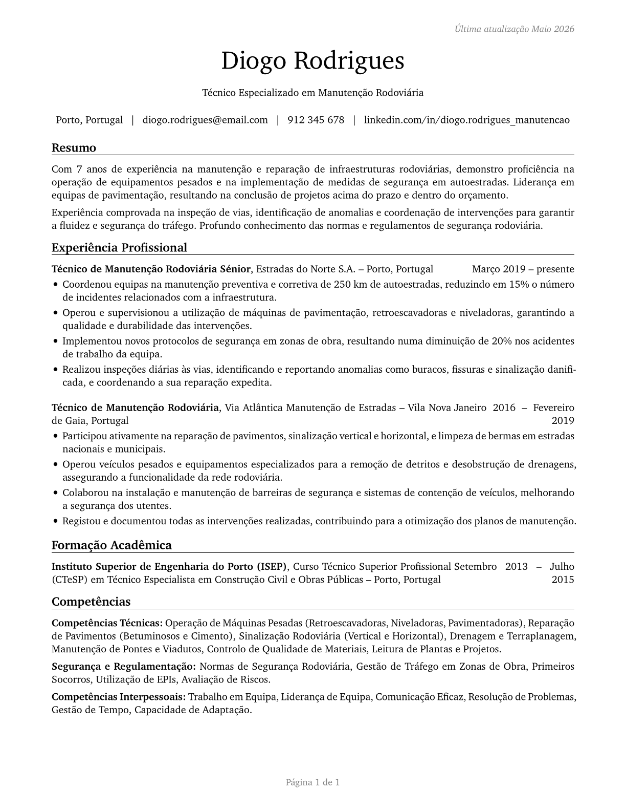 Highway Maintenance Workers CV in Portuguese — page 1