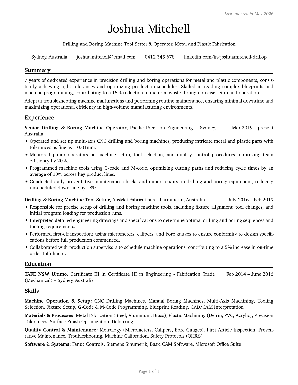 Drilling and Boring Machine Tool Setters, Operators, and Tenders, Metal and Plastic CV in English — page 1