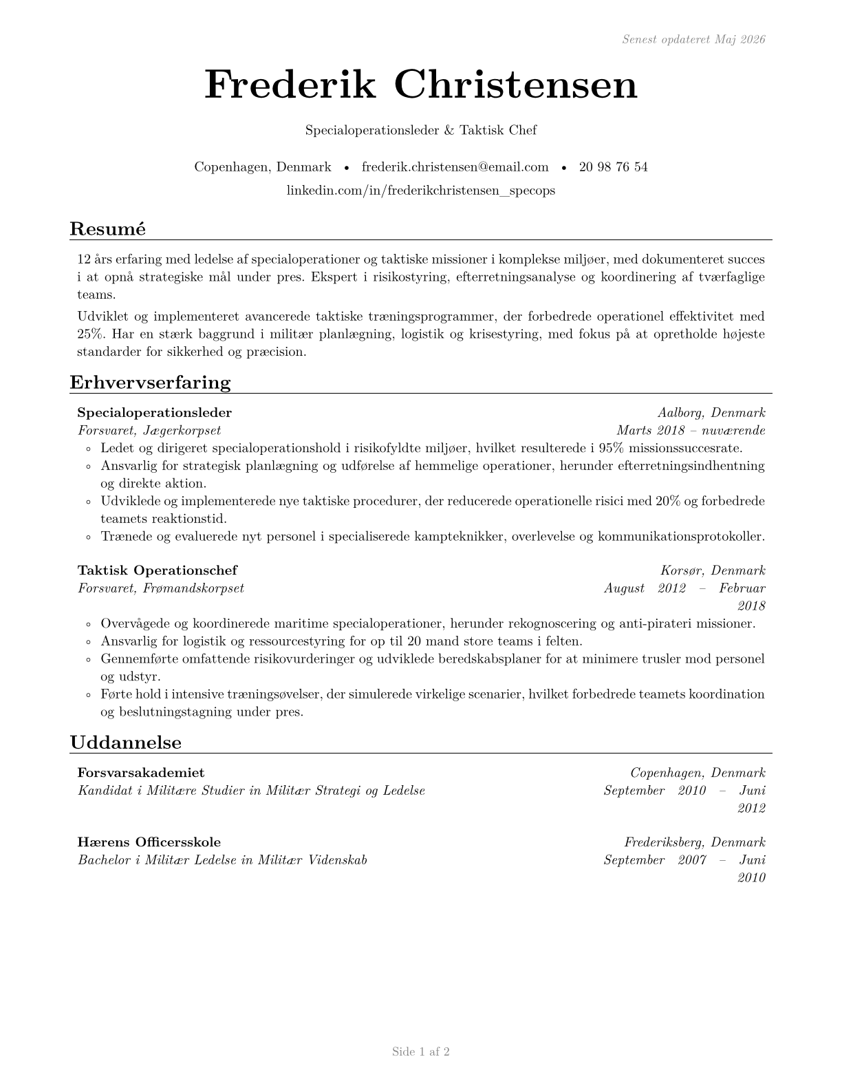 Military Officer Special and Tactical Operations Leaders, All Other CV in Danish — page 1