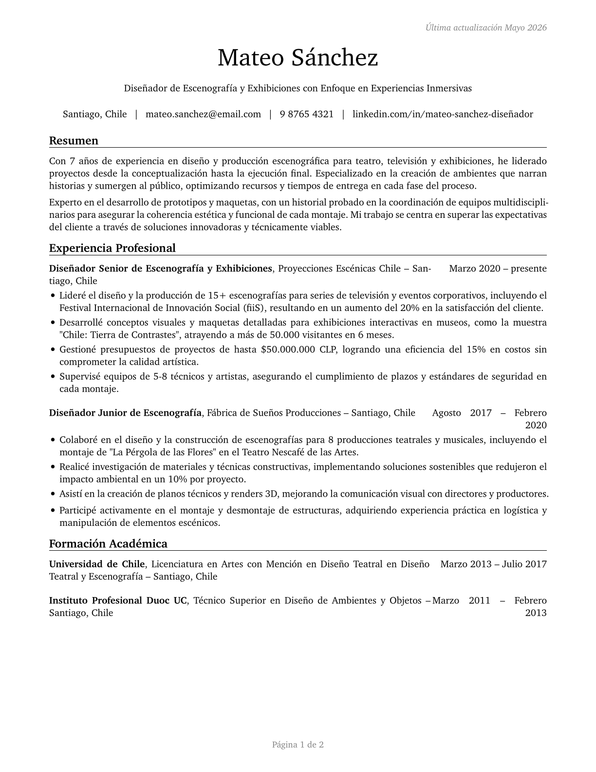 Set and Exhibit Designers CV in Spanish — page 1