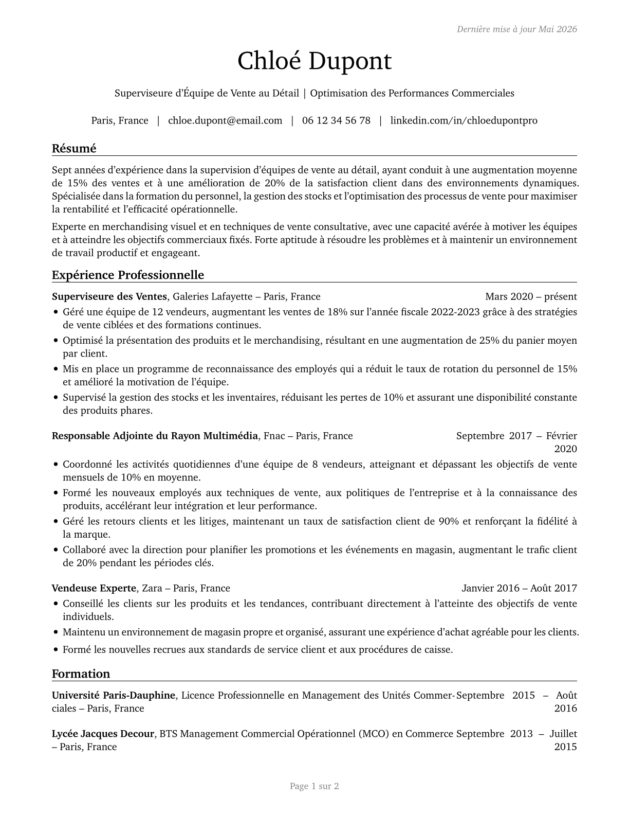 First-Line Supervisors of Retail Sales Workers CV in French — page 1