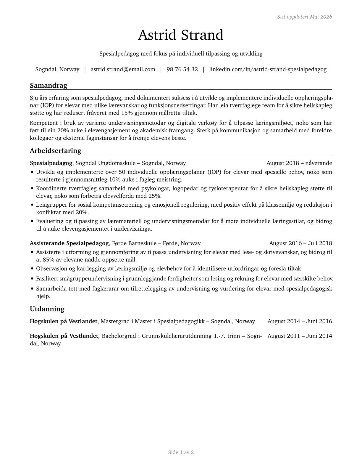 Special Education Teachers, All Other CV in Norwegian_nynorsk — page 1