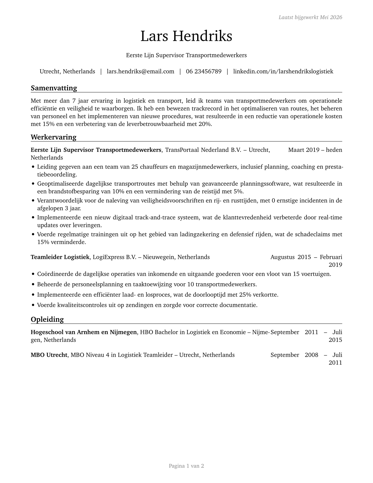 First-Line Supervisors of Transportation Workers, All Other CV in Dutch — page 1
