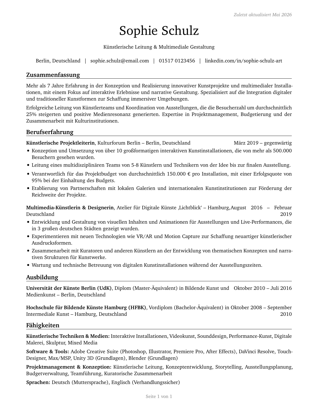 Artists and Related Workers, All Other CV in German — page 1