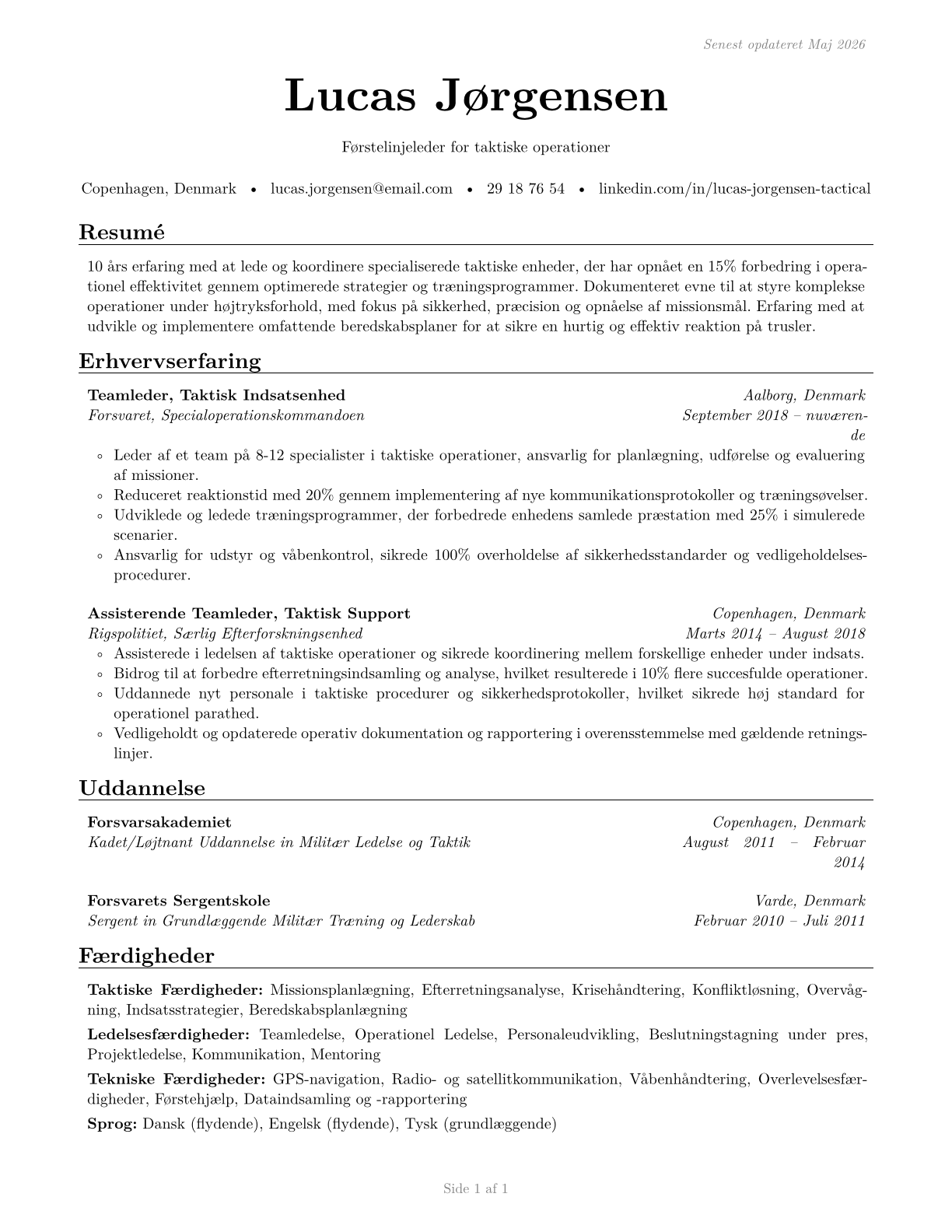 First-Line Supervisors of All Other Tactical Operations Specialists CV in Danish — page 1