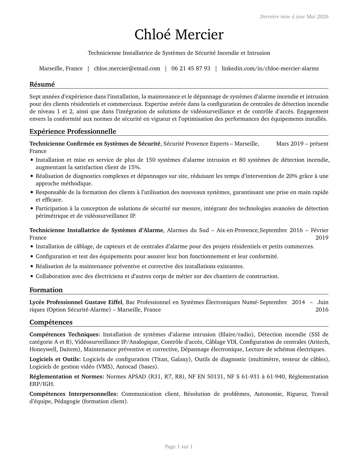 Security and Fire Alarm Systems Installers CV in French — page 1