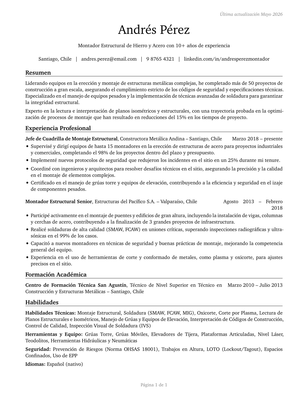 Structural Iron and Steel Workers CV in Spanish — page 1