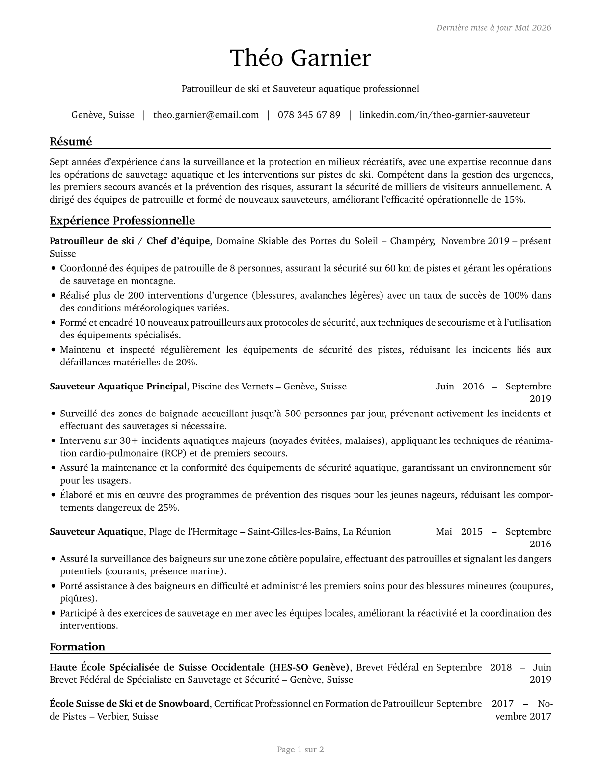 Lifeguards, Ski Patrol, and Other Recreational Protective Service Workers CV in French — page 1