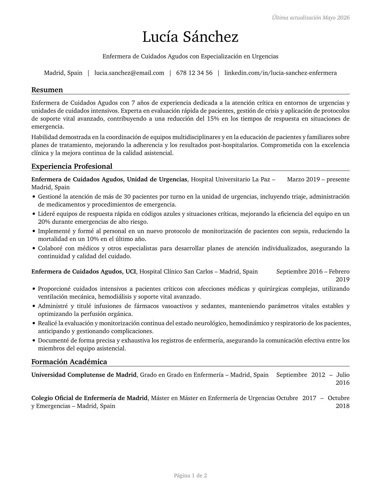 Acute Care Nurses CV in Spanish — page 1