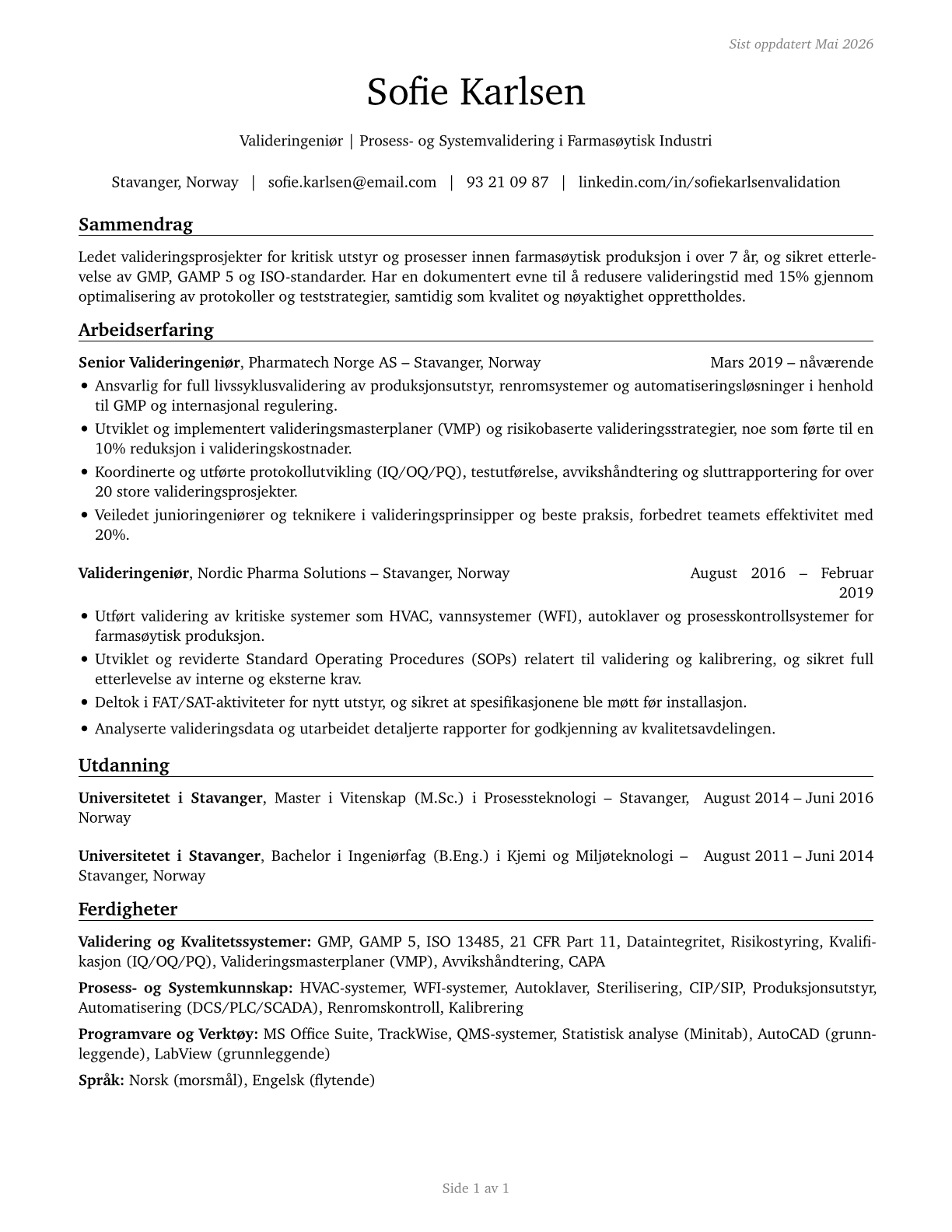 Validation Engineers CV in Norwegian_bokmal — page 1