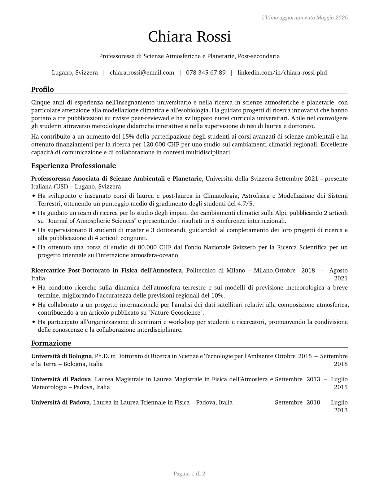 Atmospheric, Earth, Marine, and Space Sciences Teachers, Postsecondary CV in Italian — page 1