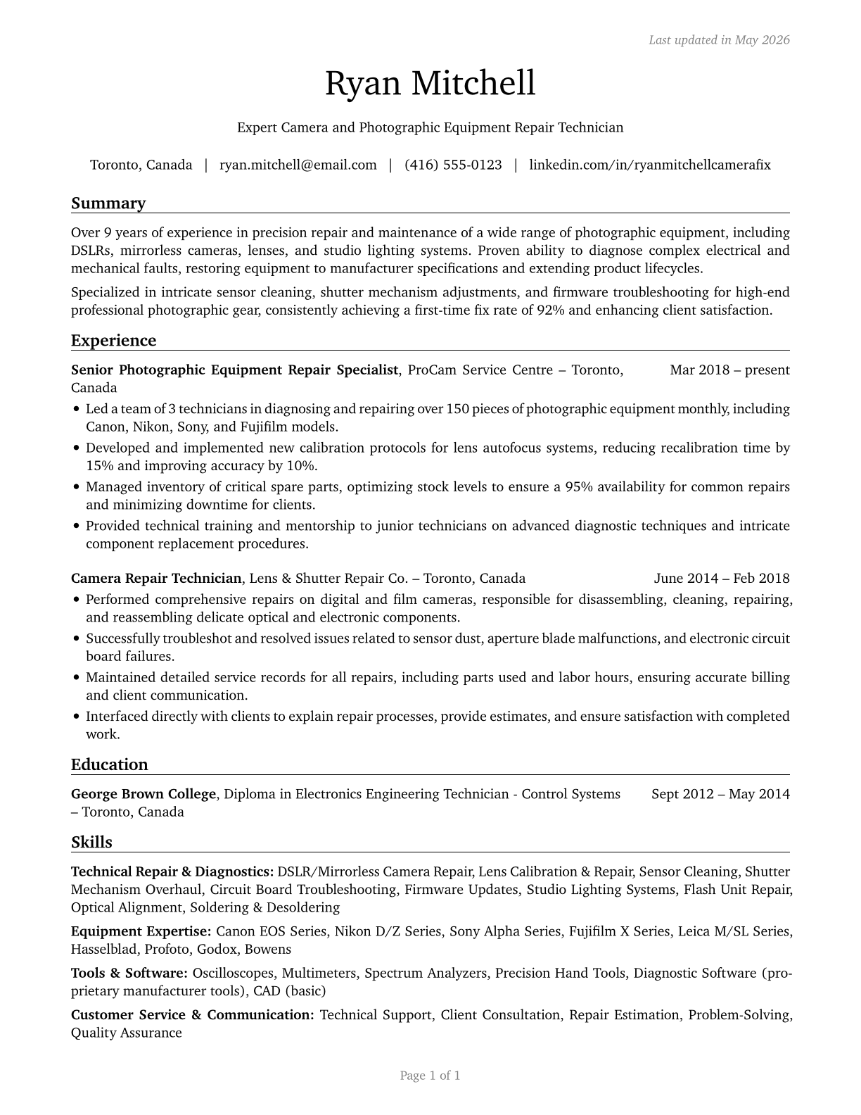 Camera and Photographic Equipment Repairers CV in English — page 1