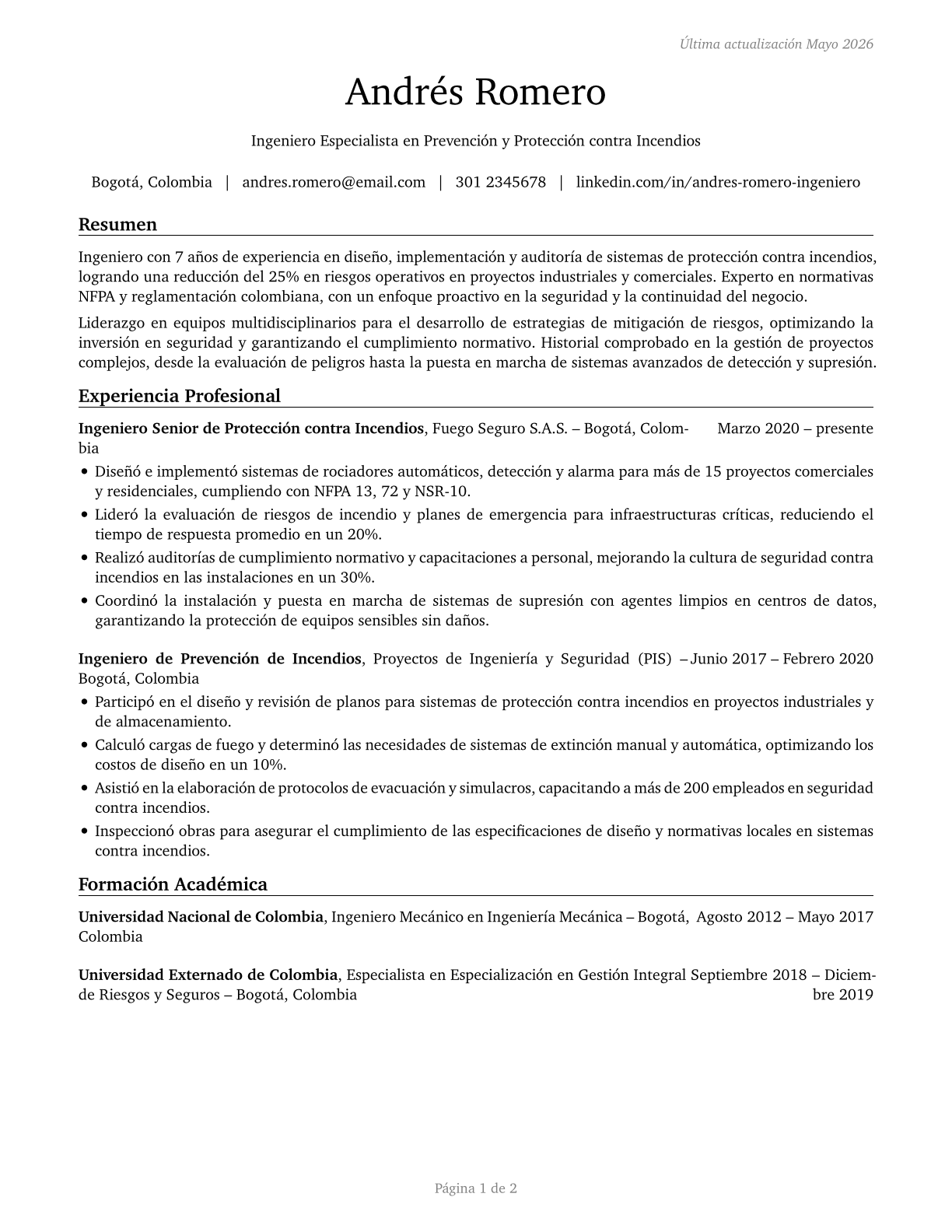 Fire-Prevention and Protection Engineers CV in Spanish — page 1