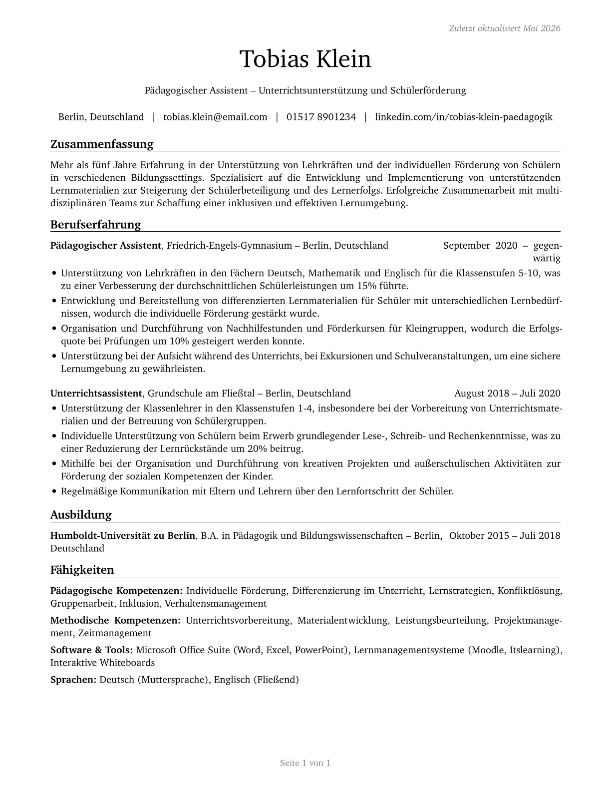 Teaching Assistants, All Other CV in German — page 1