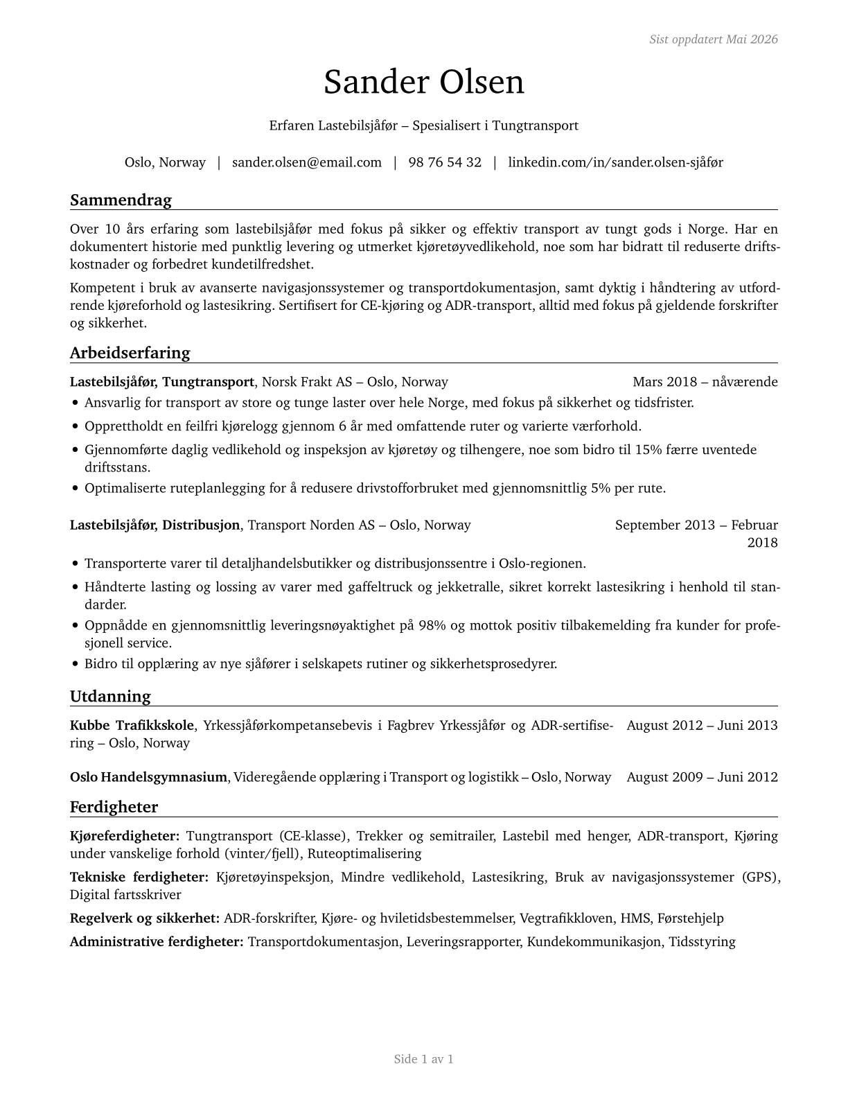Heavy and Tractor-Trailer Truck Drivers CV in Norwegian_bokmal — page 1