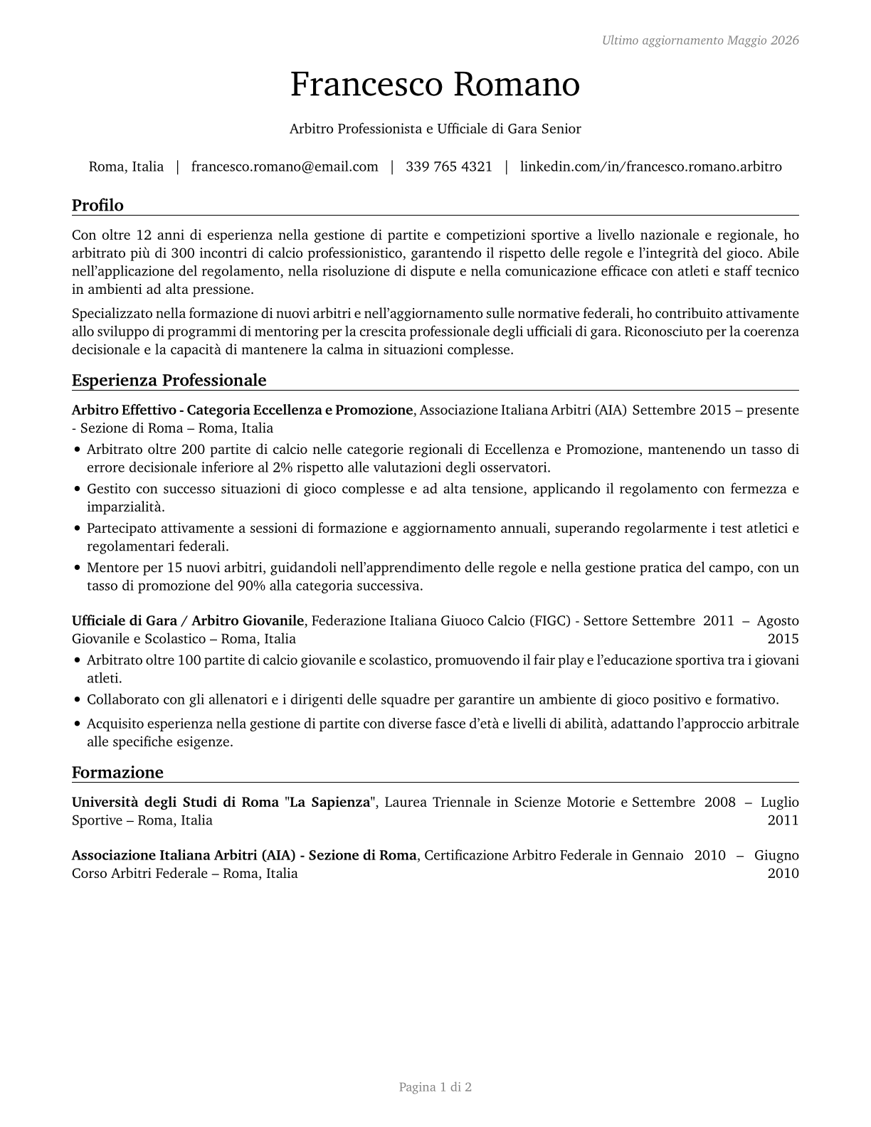 Umpires, Referees, and Other Sports Officials CV in Italian — page 1