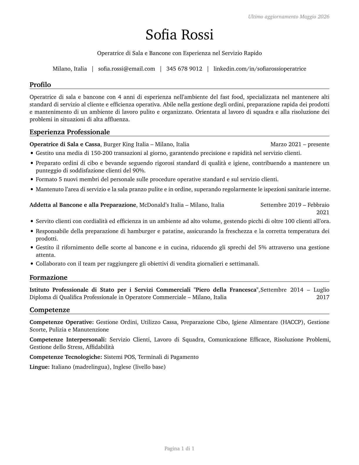 Fast Food and Counter Workers CV in Italian — page 1