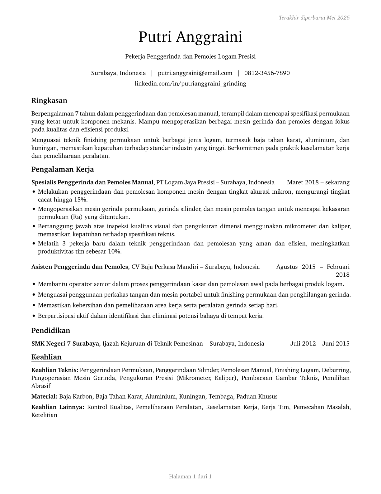 Grinding and Polishing Workers, Hand CV in Indonesian — page 1