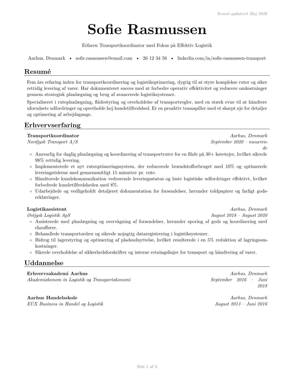 Transportation Workers, All Other CV in Danish — page 1