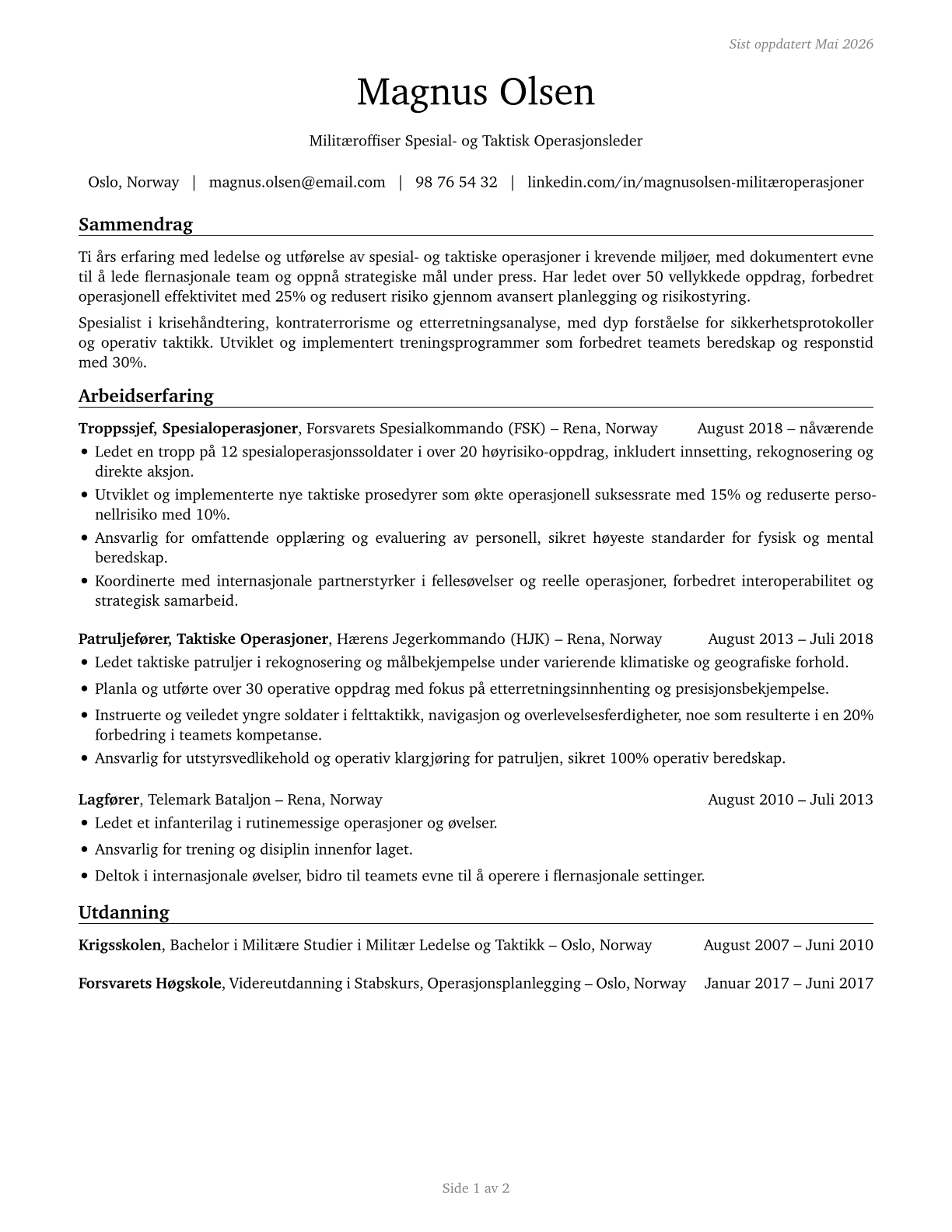 Military Officer Special and Tactical Operations Leaders, All Other CV in Norwegian_bokmal — page 1