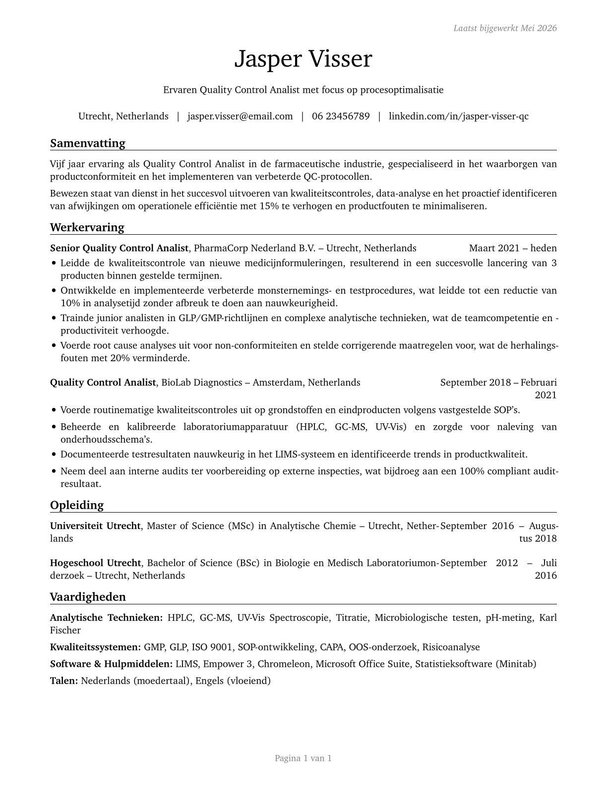 Quality Control Analysts CV in Dutch — page 1