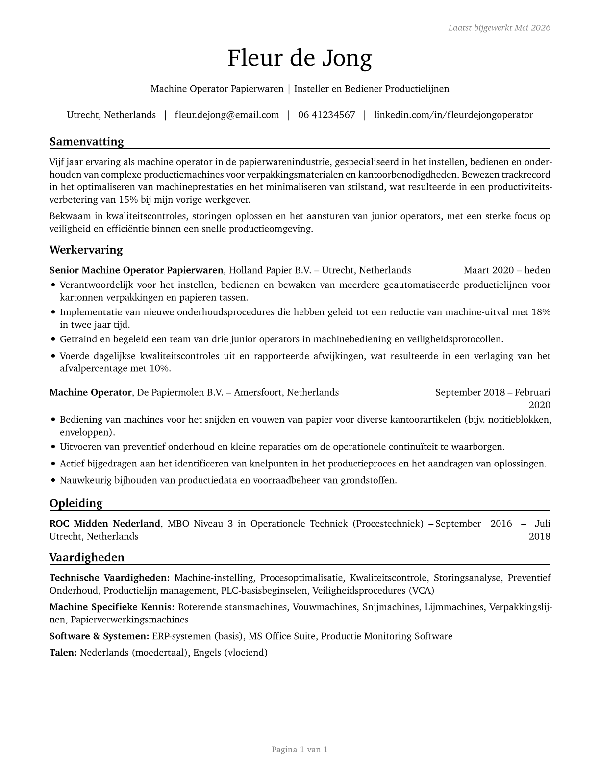 Paper Goods Machine Setters, Operators, and Tenders CV in Dutch — page 1