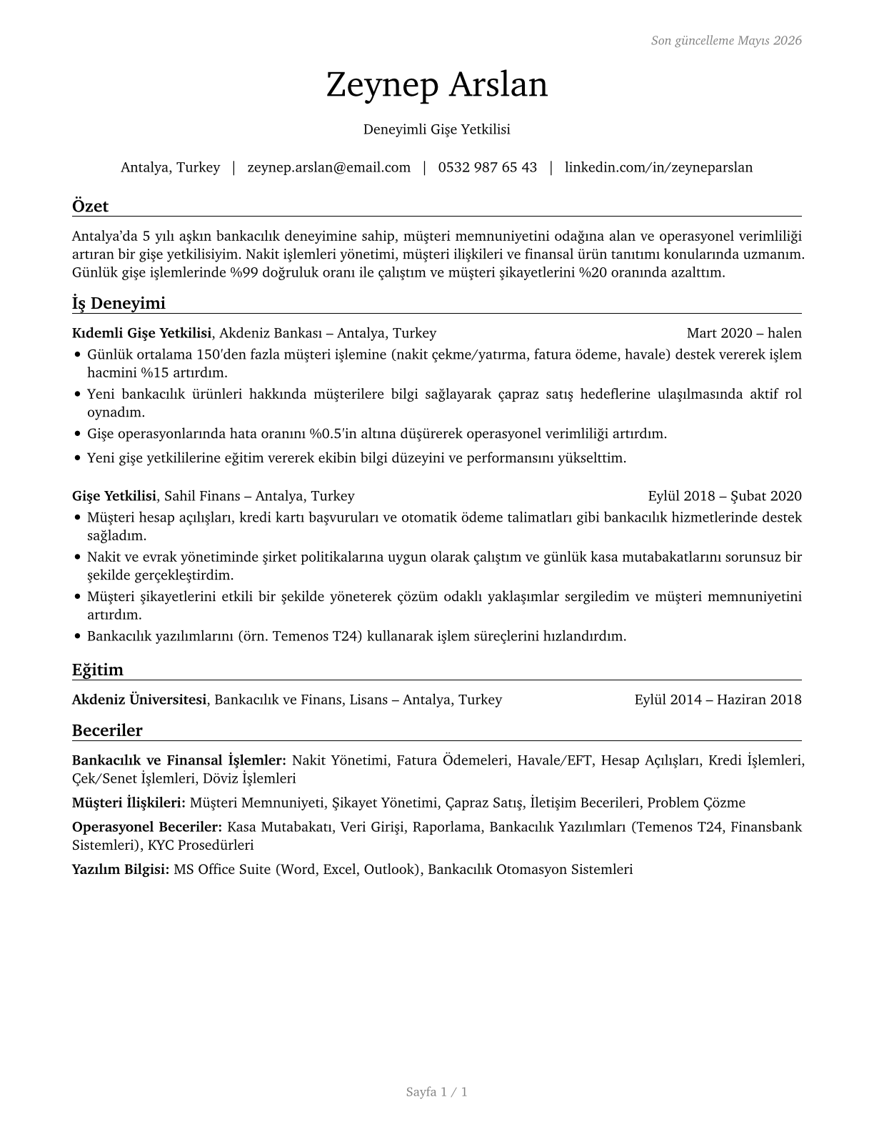 Tellers CV in Turkish — page 1