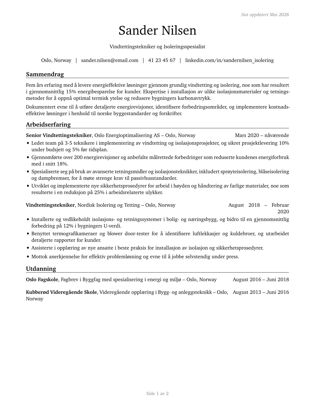 Weatherization Installers and Technicians CV in Norwegian_bokmal — page 1