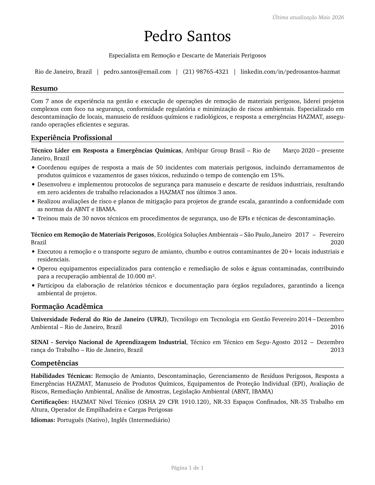 Hazardous Materials Removal Workers CV in Portuguese — page 1