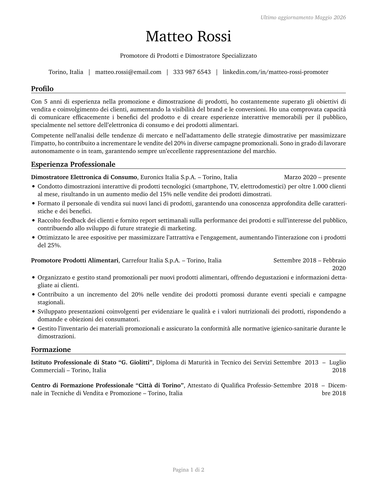 Demonstrators and Product Promoters CV in Italian — page 1