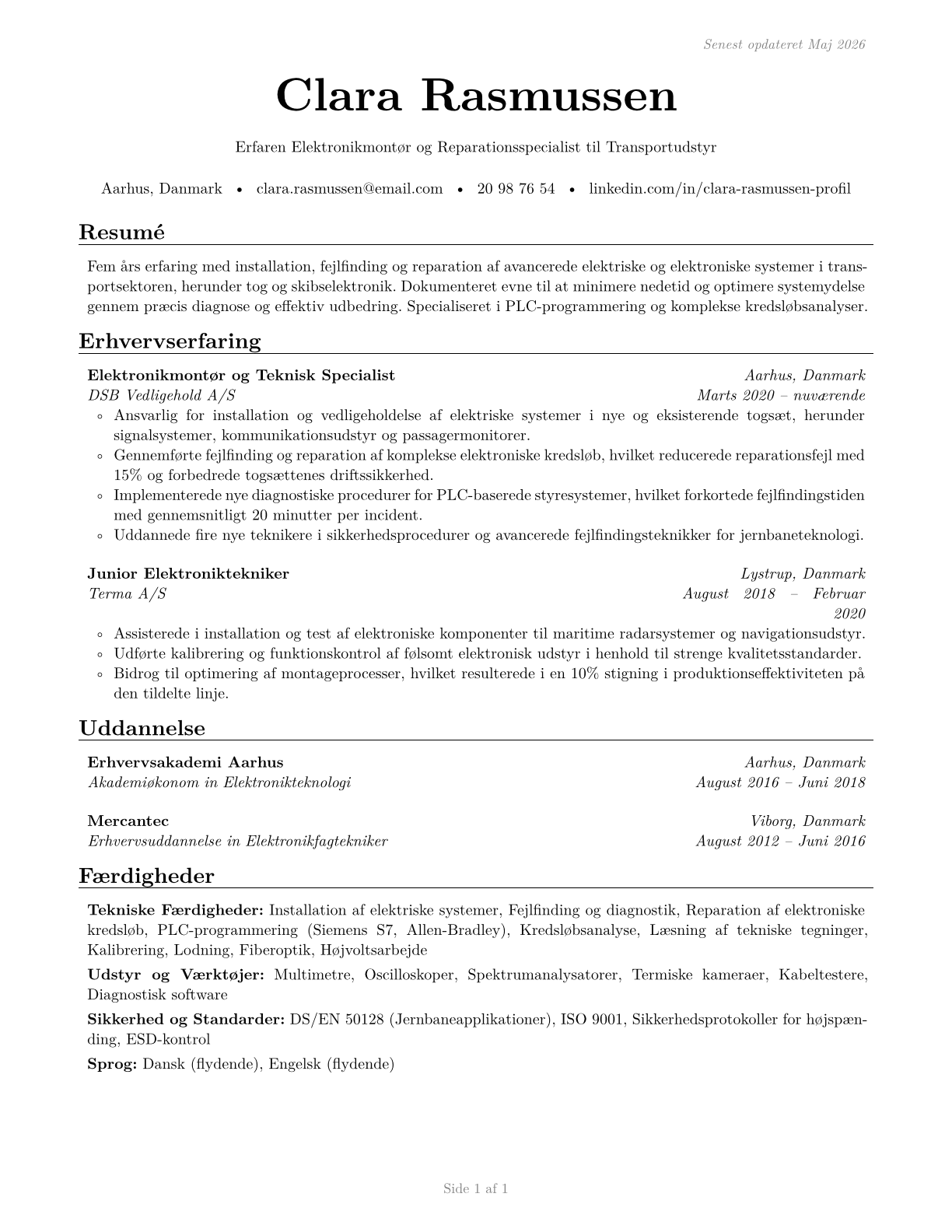 Electrical and Electronics Installers and Repairers, Transportation Equipment CV in Danish — page 1